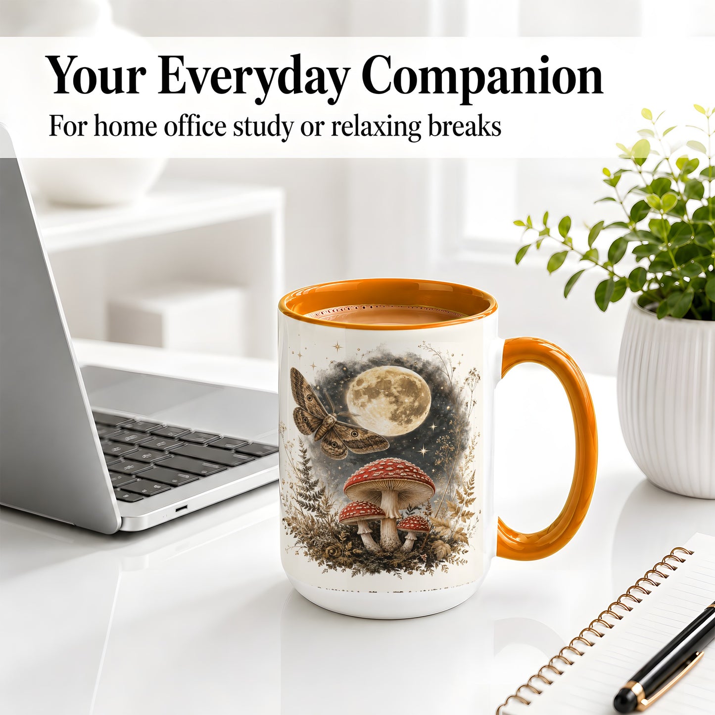 #pl[15oz|Orange] Moon Moth Mushroom Ceramic Mug, Dark Botanical Art for Nature Fans