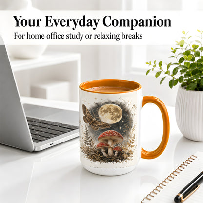 #pl[15oz|Orange] Moon Moth Mushroom Ceramic Mug, Dark Botanical Art for Nature Fans