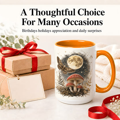 #pl[15oz|Orange] Moon Moth Mushroom Ceramic Mug, Dark Botanical Art for Nature Fans