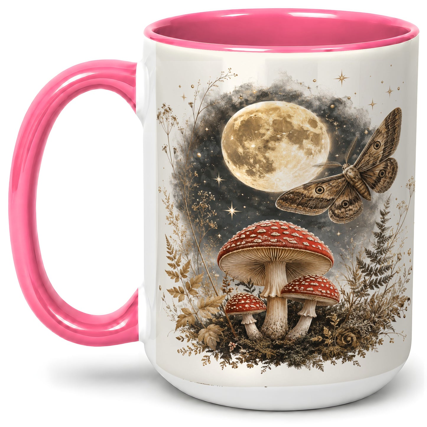 #pl[15oz|Pink] Moon Moth Mushroom Ceramic Mug, Dark Botanical Art for Nature Fans