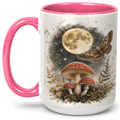 #pl[15oz|Pink] Moon Moth Mushroom Ceramic Mug, Dark Botanical Art for Nature Fans