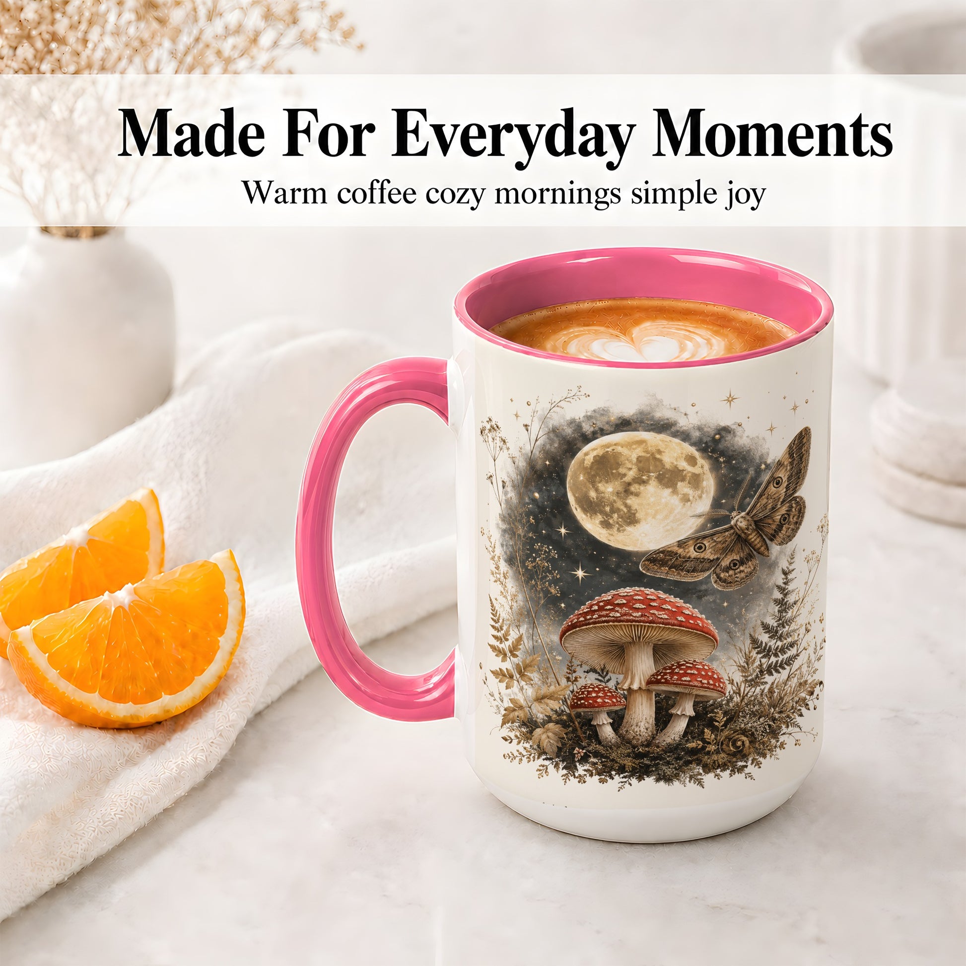#pl[15oz|Pink] Moon Moth Mushroom Ceramic Mug, Dark Botanical Art for Nature Fans