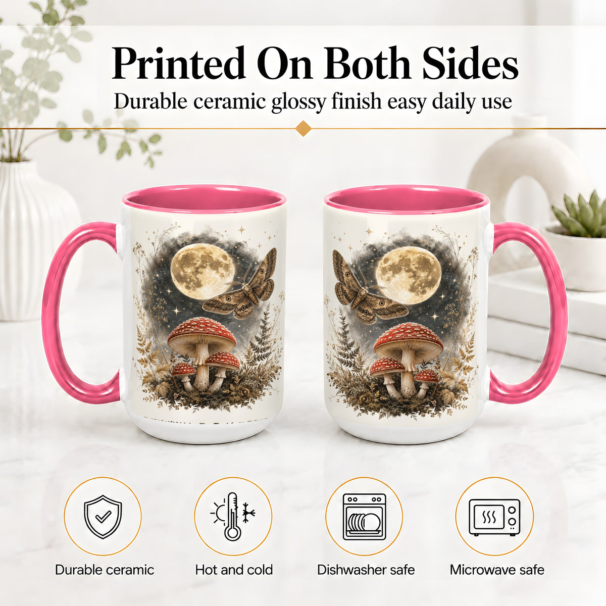 #pl[15oz|Pink] Moon Moth Mushroom Ceramic Mug, Dark Botanical Art for Nature Fans