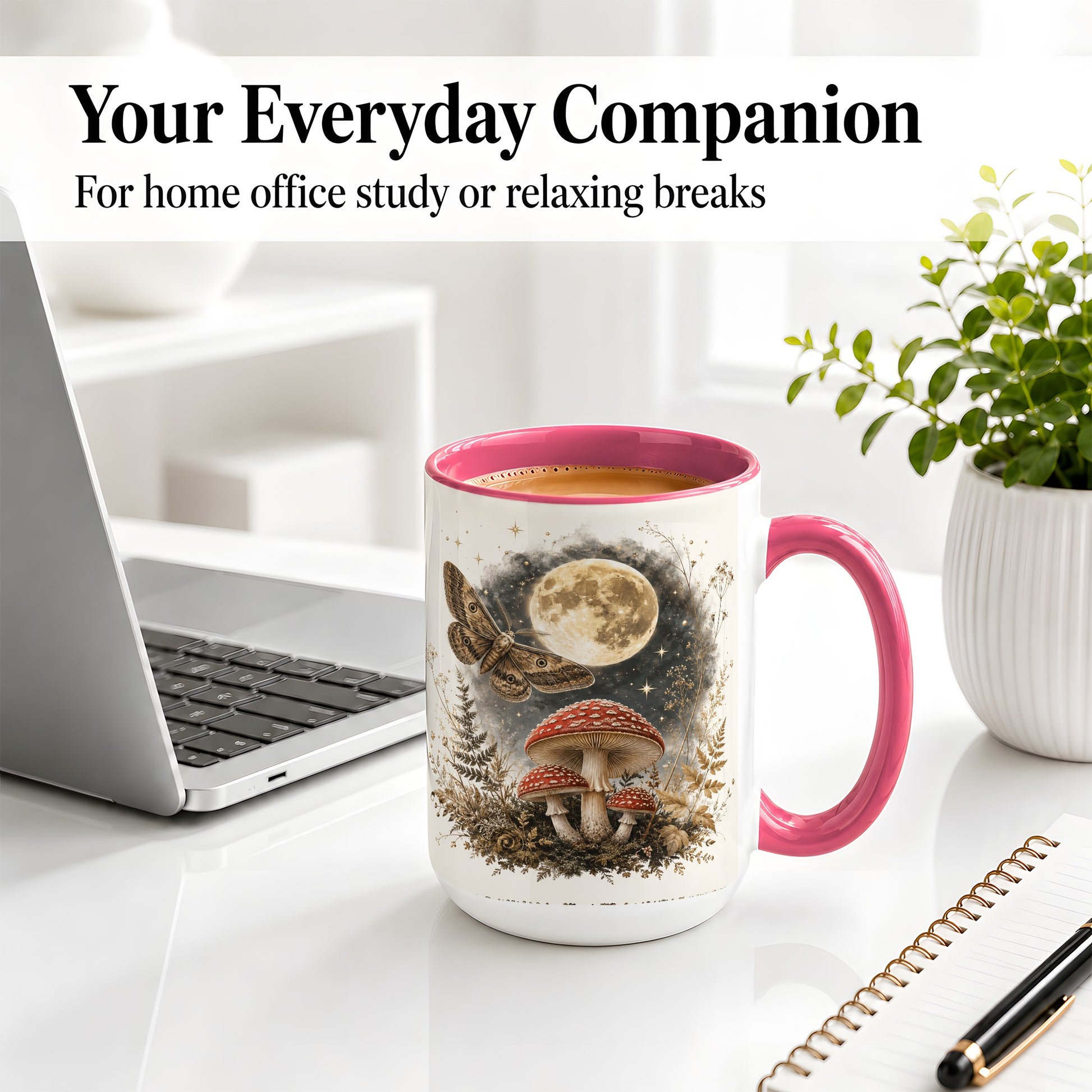 #pl[15oz|Pink] Moon Moth Mushroom Ceramic Mug, Dark Botanical Art for Nature Fans