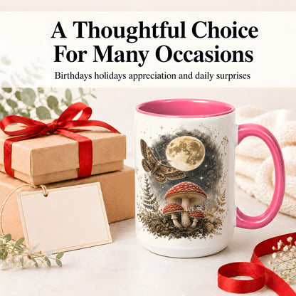 #pl[15oz|Pink] Moon Moth Mushroom Ceramic Mug, Dark Botanical Art for Nature Fans