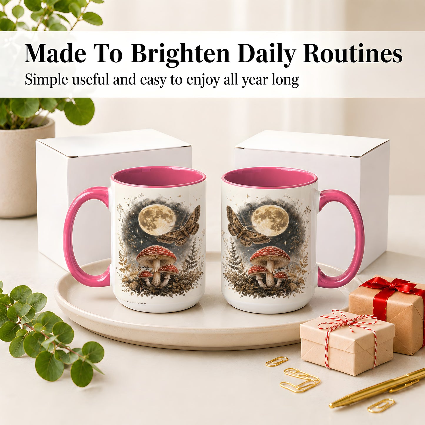 #pl[15oz|Pink] Moon Moth Mushroom Ceramic Mug, Dark Botanical Art for Nature Fans