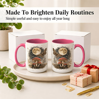 #pl[15oz|Pink] Moon Moth Mushroom Ceramic Mug, Dark Botanical Art for Nature Fans