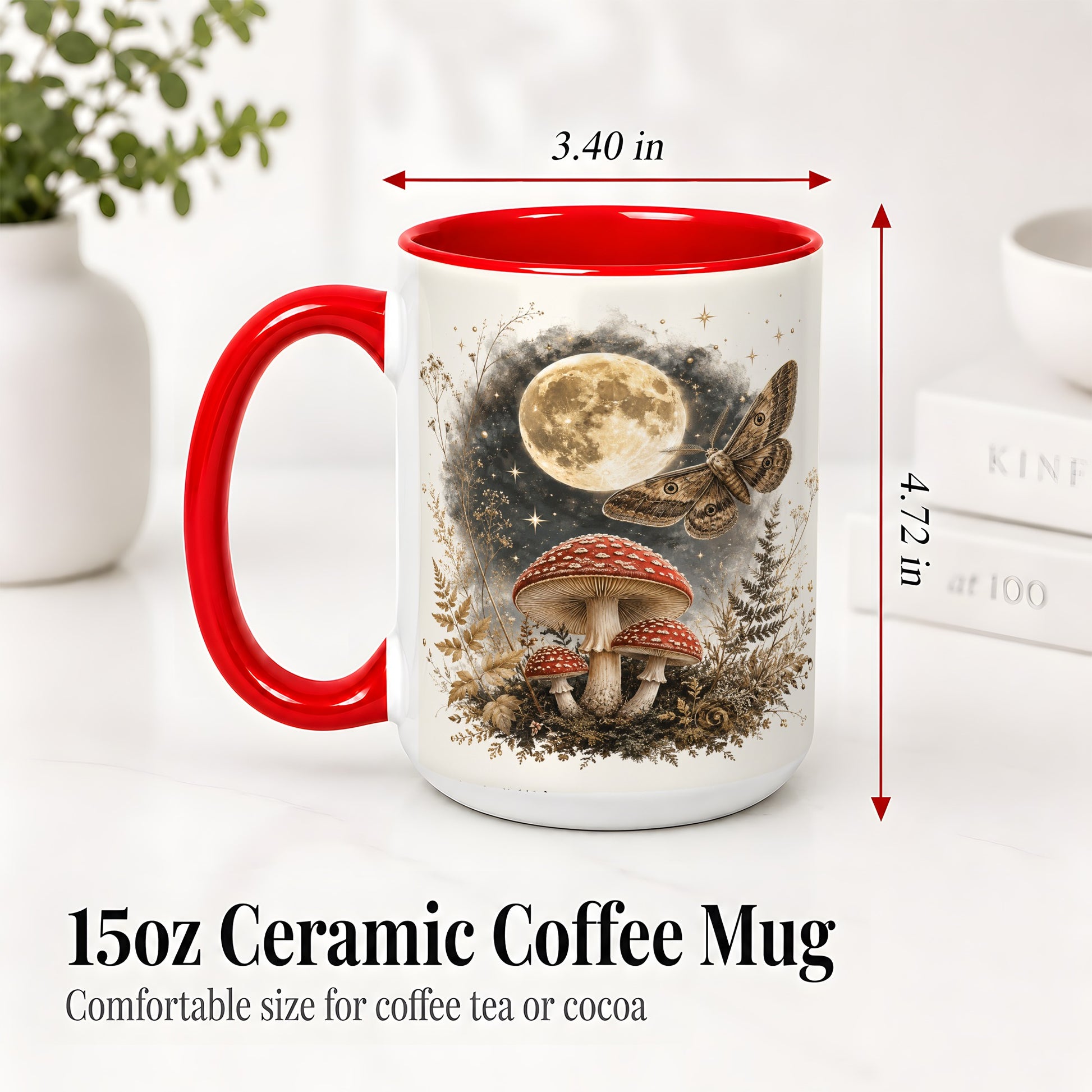 #pl[15oz|Red] Moon Moth Mushroom Ceramic Mug, Dark Botanical Art for Nature Fans