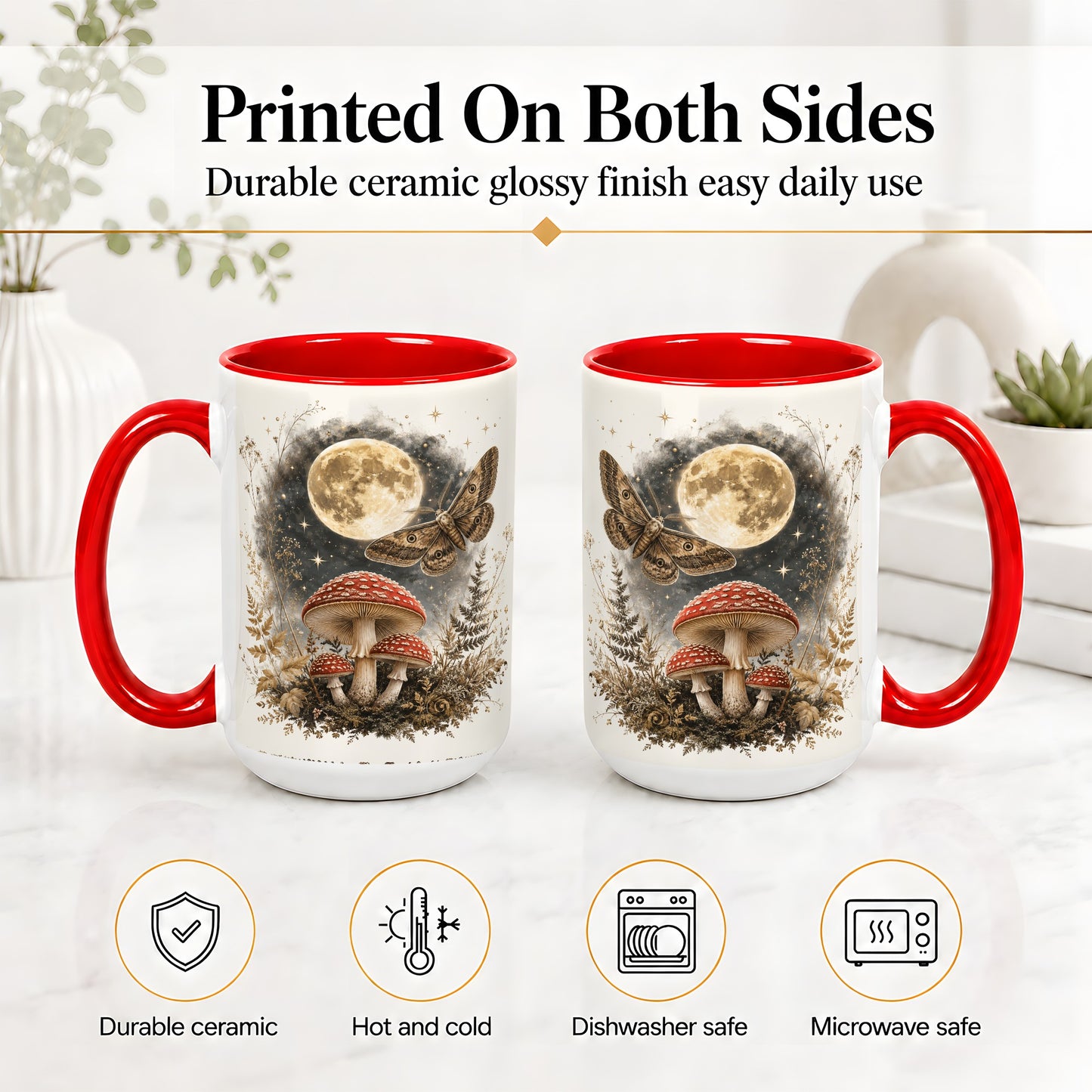 #pl[15oz|Red] Moon Moth Mushroom Ceramic Mug, Dark Botanical Art for Nature Fans