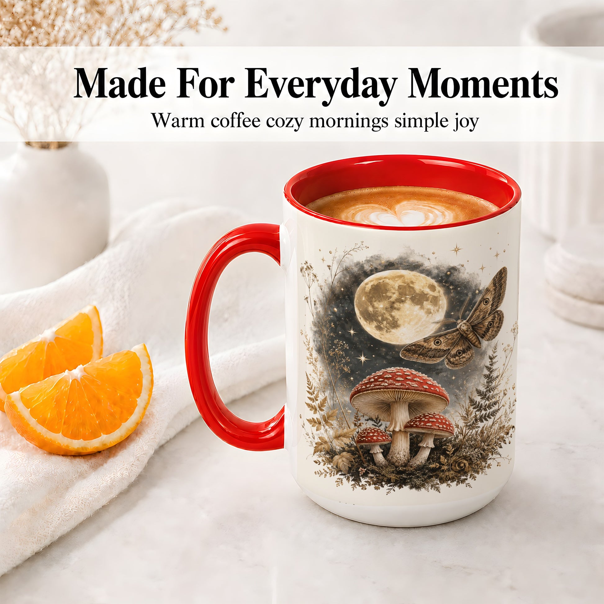 #pl[15oz|Red] Moon Moth Mushroom Ceramic Mug, Dark Botanical Art for Nature Fans