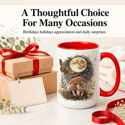 #pl[15oz|Red] Moon Moth Mushroom Ceramic Mug, Dark Botanical Art for Nature Fans