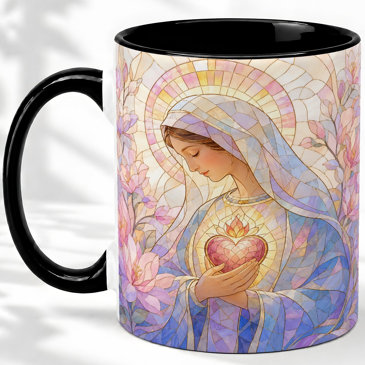 #pl[11oz|Black] Marian Stained Glass Ceramic Mug, Floral Religious Art for Christians