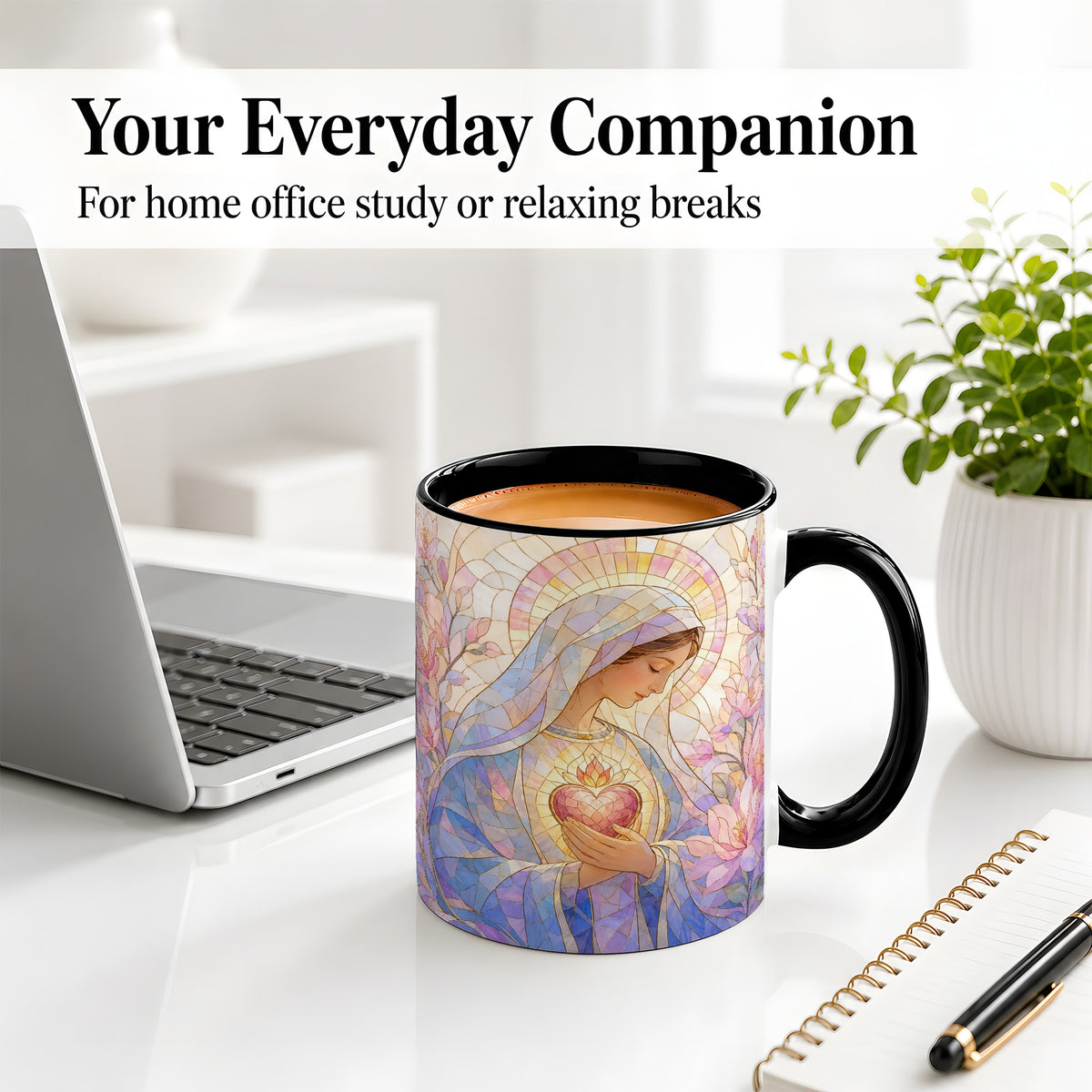 #pl[11oz|Black] Marian Stained Glass Ceramic Mug, Floral Religious Art for Christians