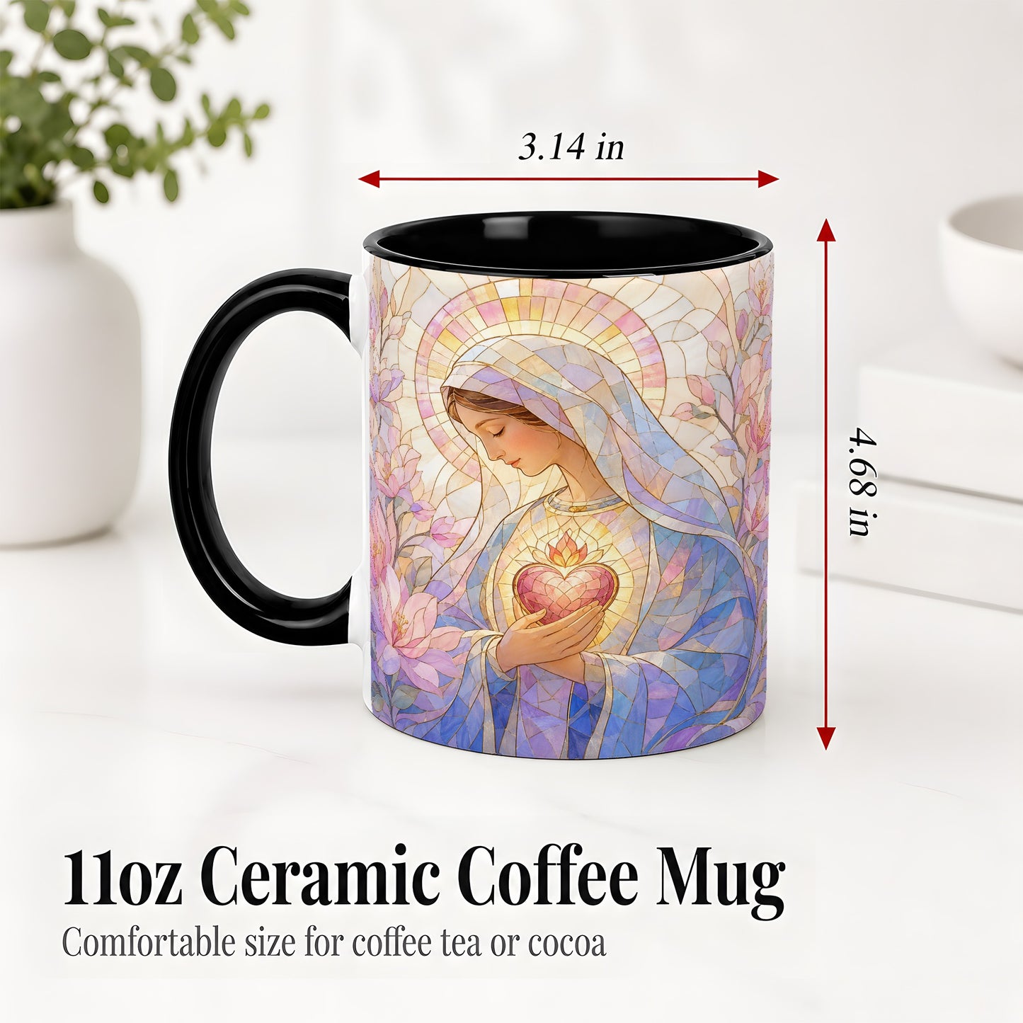 #pl[11oz|Black] Marian Stained Glass Ceramic Mug, Floral Religious Art for Christians
