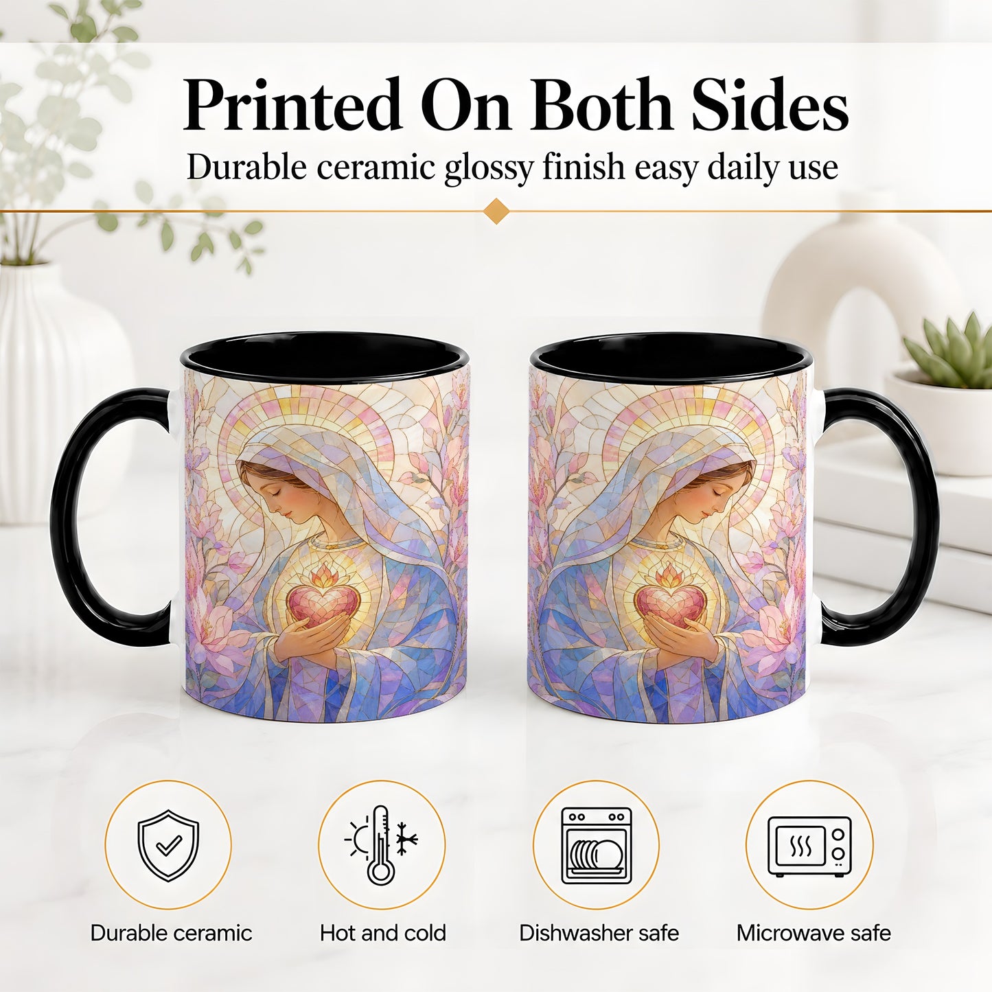 #pl[11oz|Black] Marian Stained Glass Ceramic Mug, Floral Religious Art for Christians