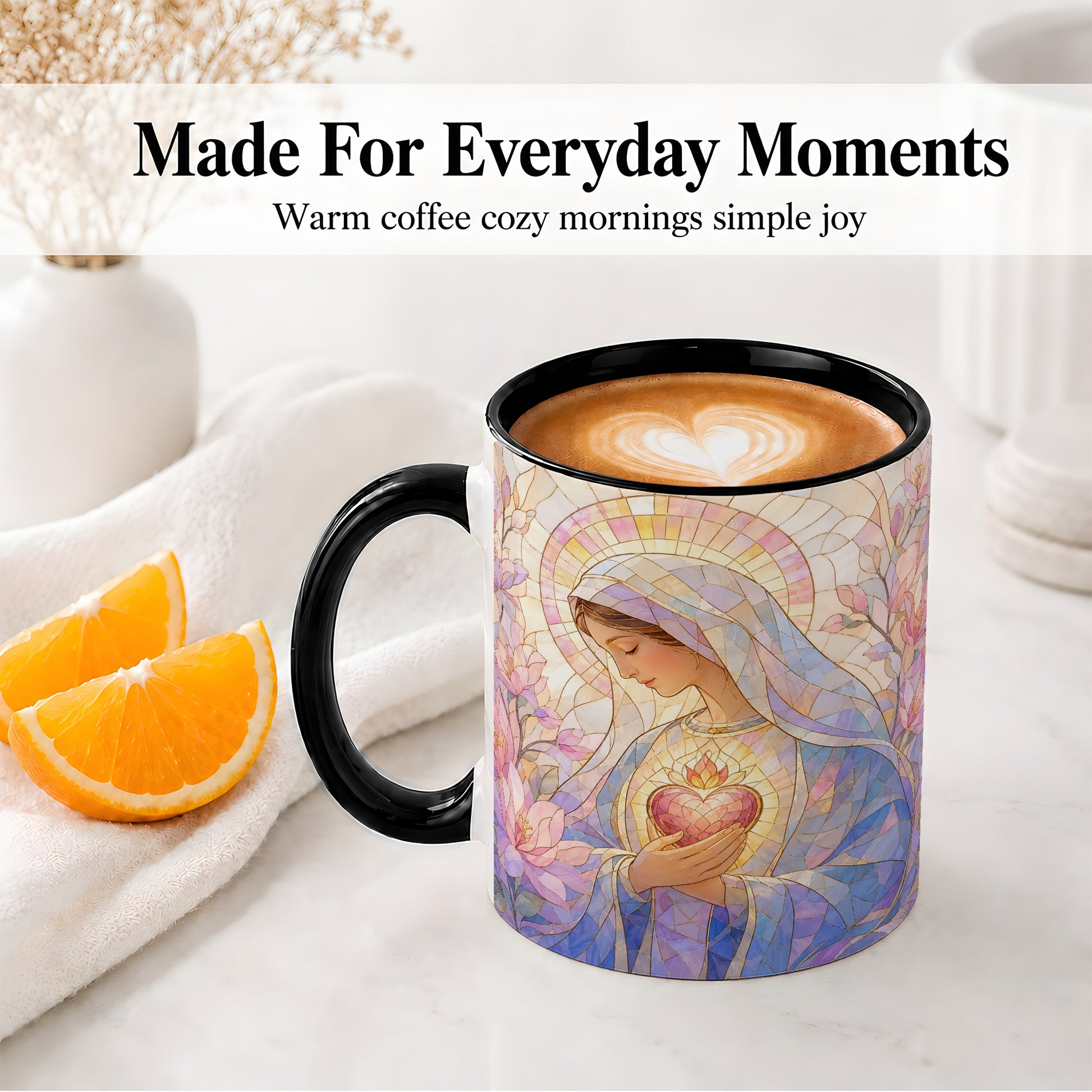 #pl[11oz|Black] Marian Stained Glass Ceramic Mug, Floral Religious Art for Christians