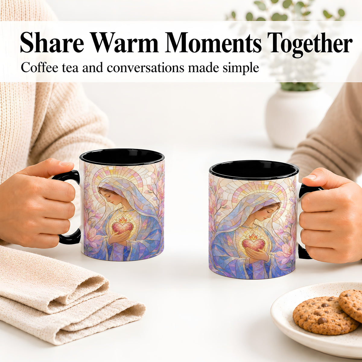 #pl[11oz|Black] Marian Stained Glass Ceramic Mug, Floral Religious Art for Christians