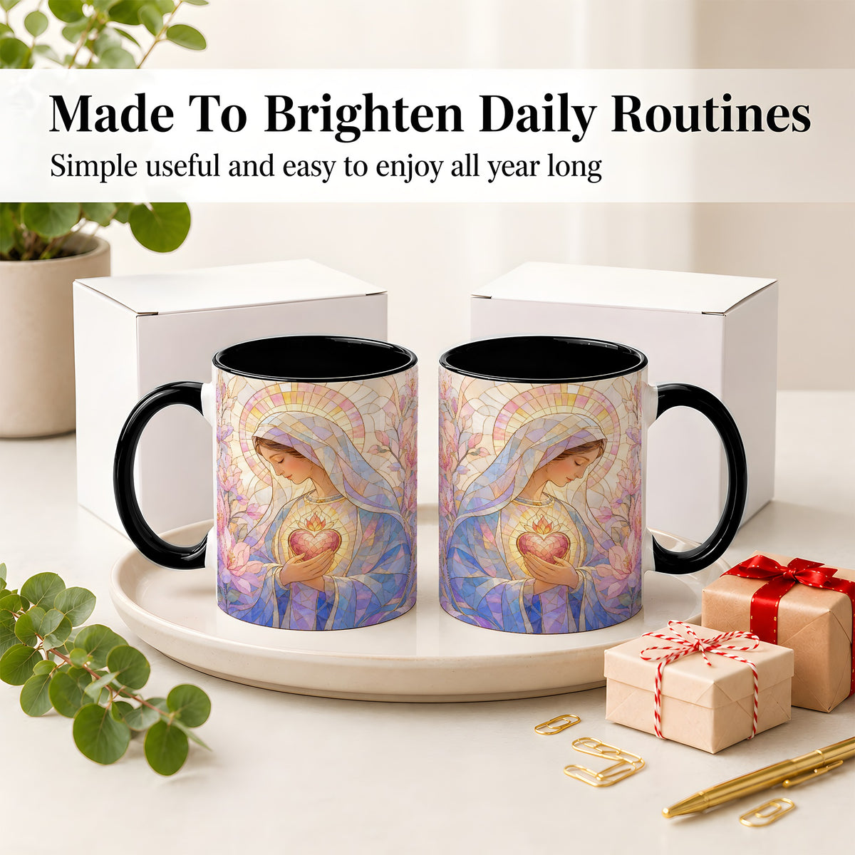 #pl[11oz|Black] Marian Stained Glass Ceramic Mug, Floral Religious Art for Christians