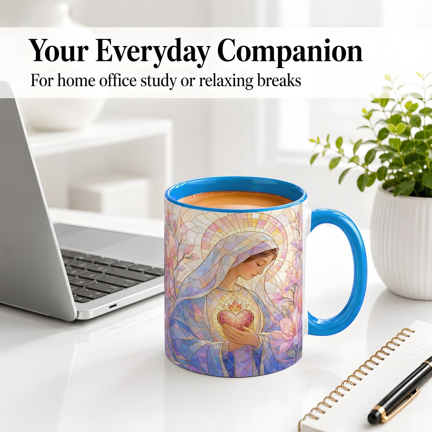 #pl[11oz|Blue] Marian Stained Glass Ceramic Mug, Floral Religious Art for Christians