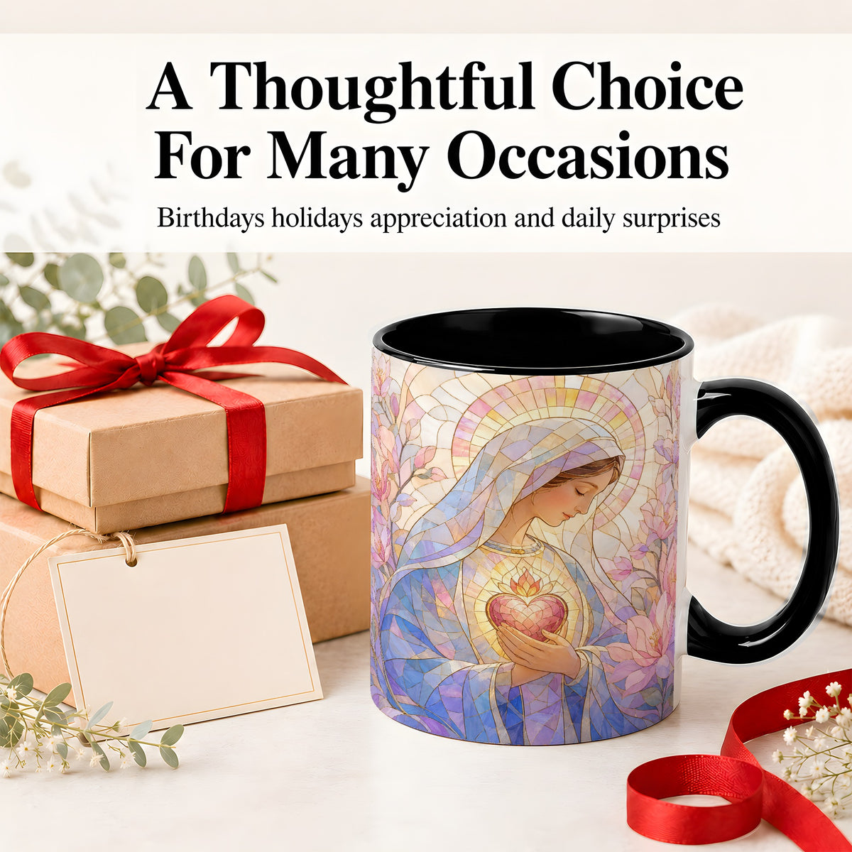 #pl[11oz|Black] Marian Stained Glass Ceramic Mug, Floral Religious Art for Christians