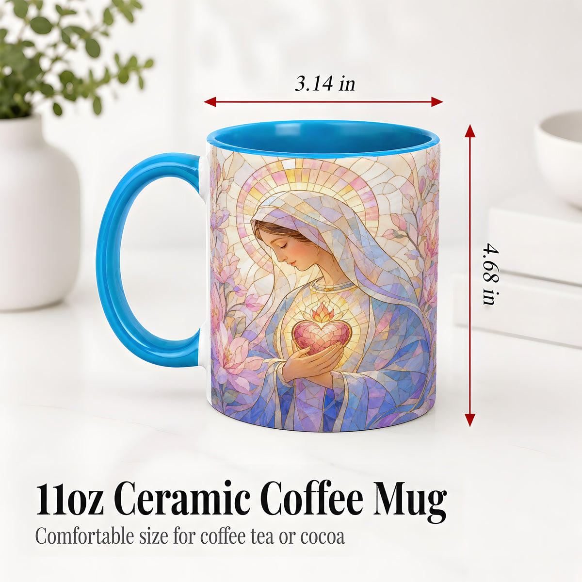 #pl[11oz|Blue] Marian Stained Glass Ceramic Mug, Floral Religious Art for Christians