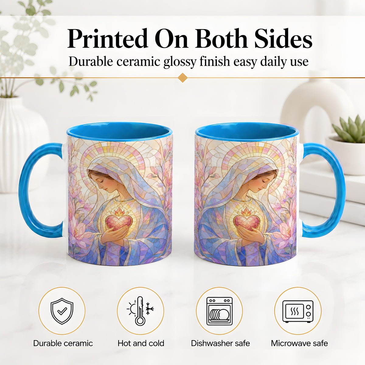 #pl[11oz|Blue] Marian Stained Glass Ceramic Mug, Floral Religious Art for Christians