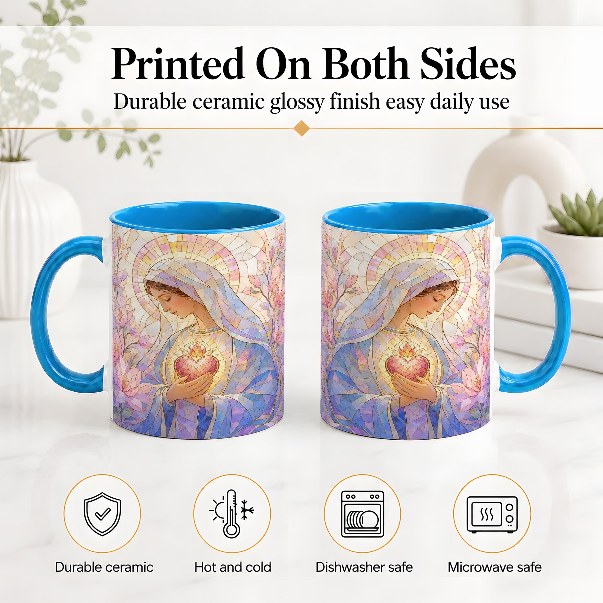 #pl[11oz|Blue] Marian Stained Glass Ceramic Mug, Floral Religious Art for Christians