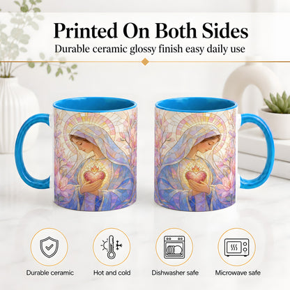 #pl[11oz|Blue] Marian Stained Glass Ceramic Mug, Floral Religious Art for Christians