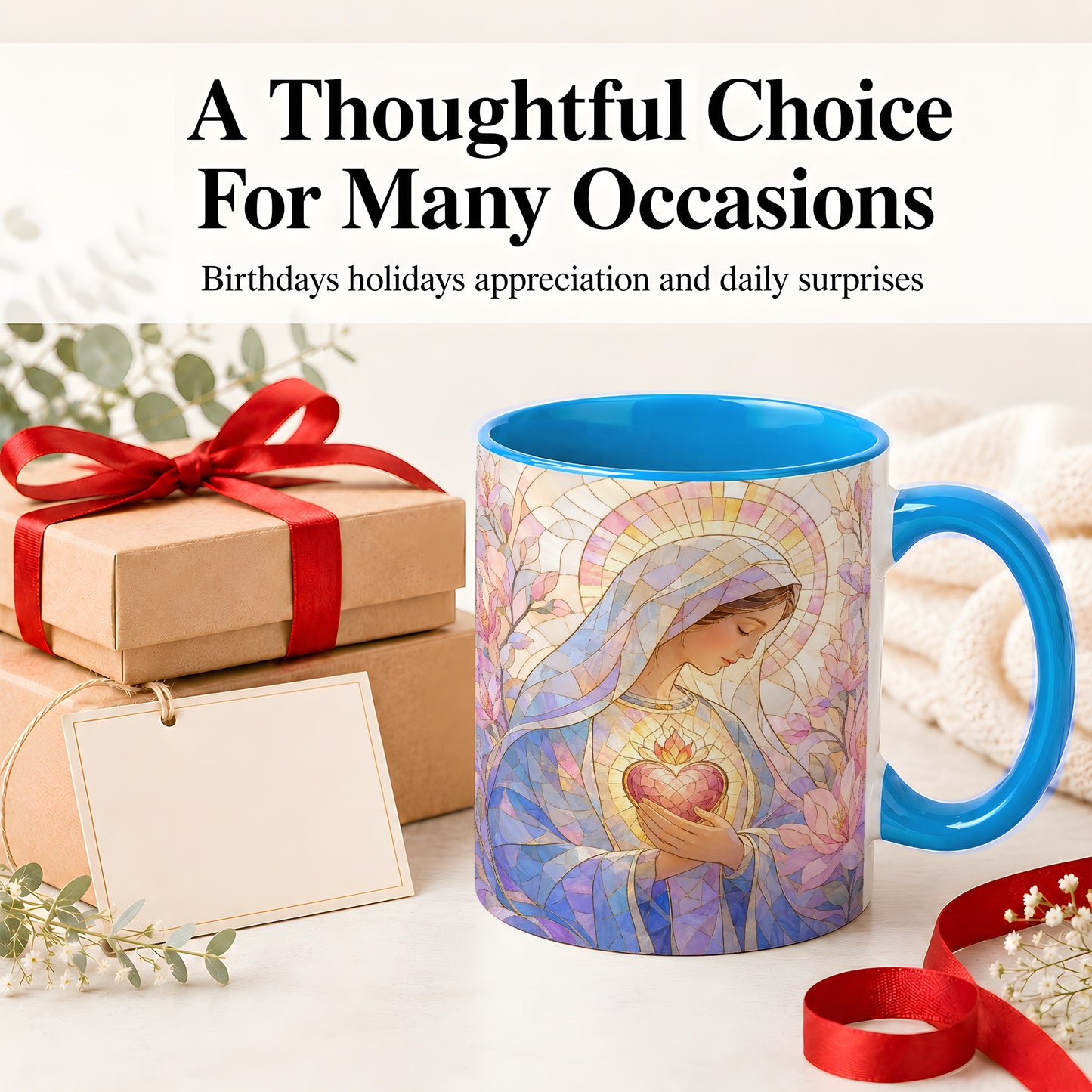 #pl[11oz|Blue] Marian Stained Glass Ceramic Mug, Floral Religious Art for Christians
