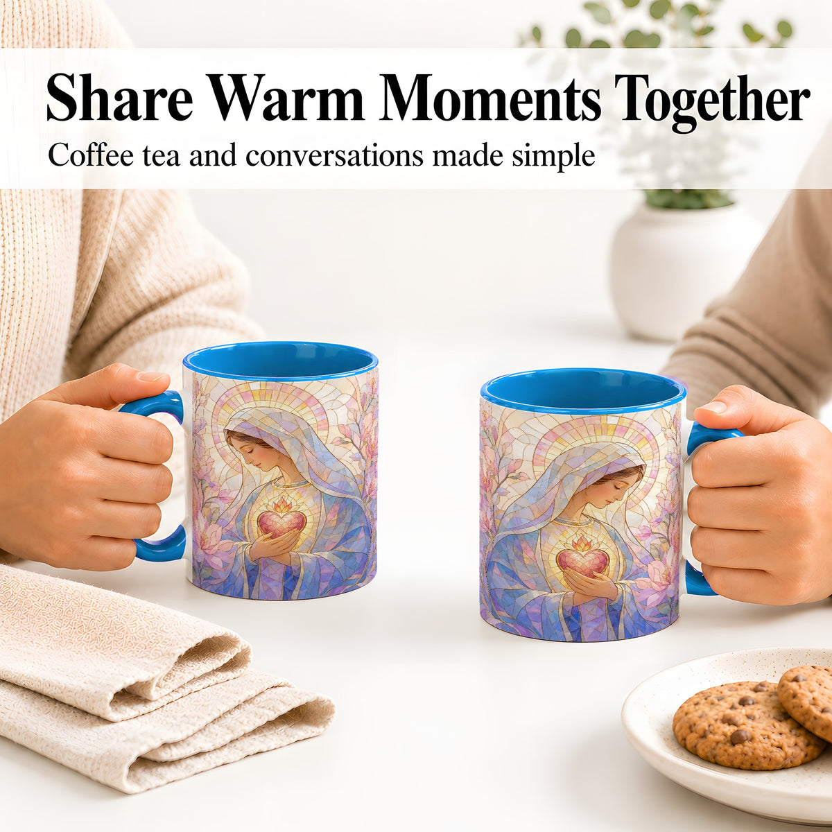 #pl[11oz|Blue] Marian Stained Glass Ceramic Mug, Floral Religious Art for Christians