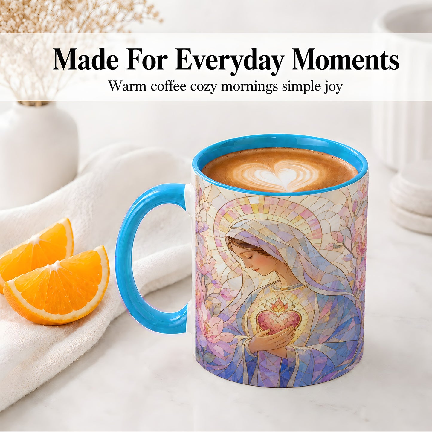 #pl[11oz|Blue] Marian Stained Glass Ceramic Mug, Floral Religious Art for Christians