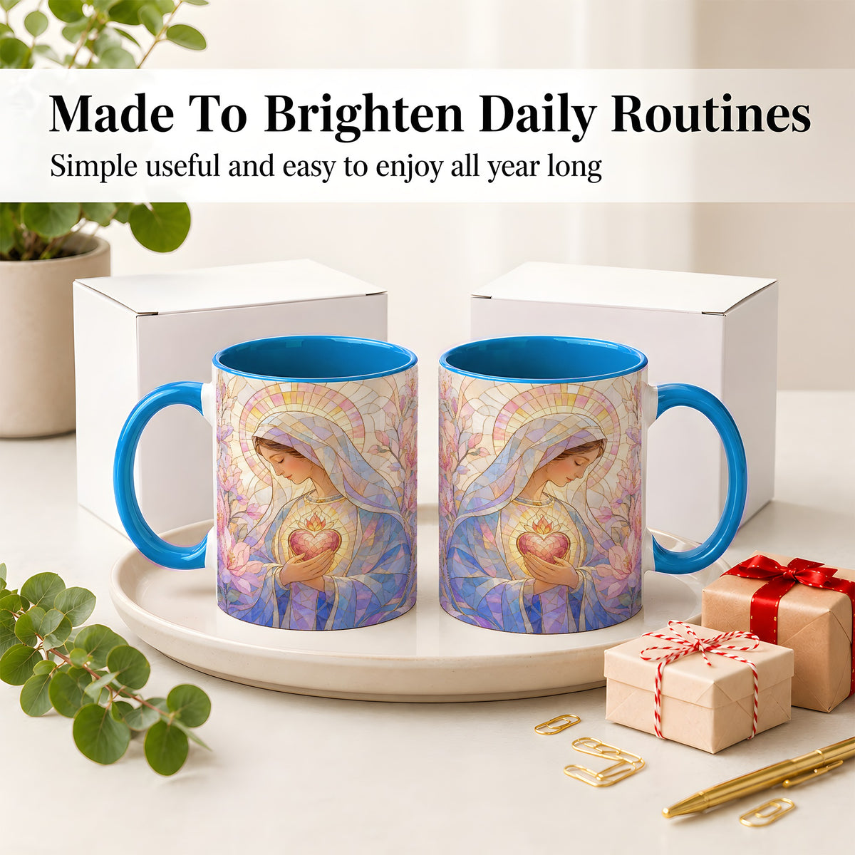 #pl[11oz|Blue] Marian Stained Glass Ceramic Mug, Floral Religious Art for Christians