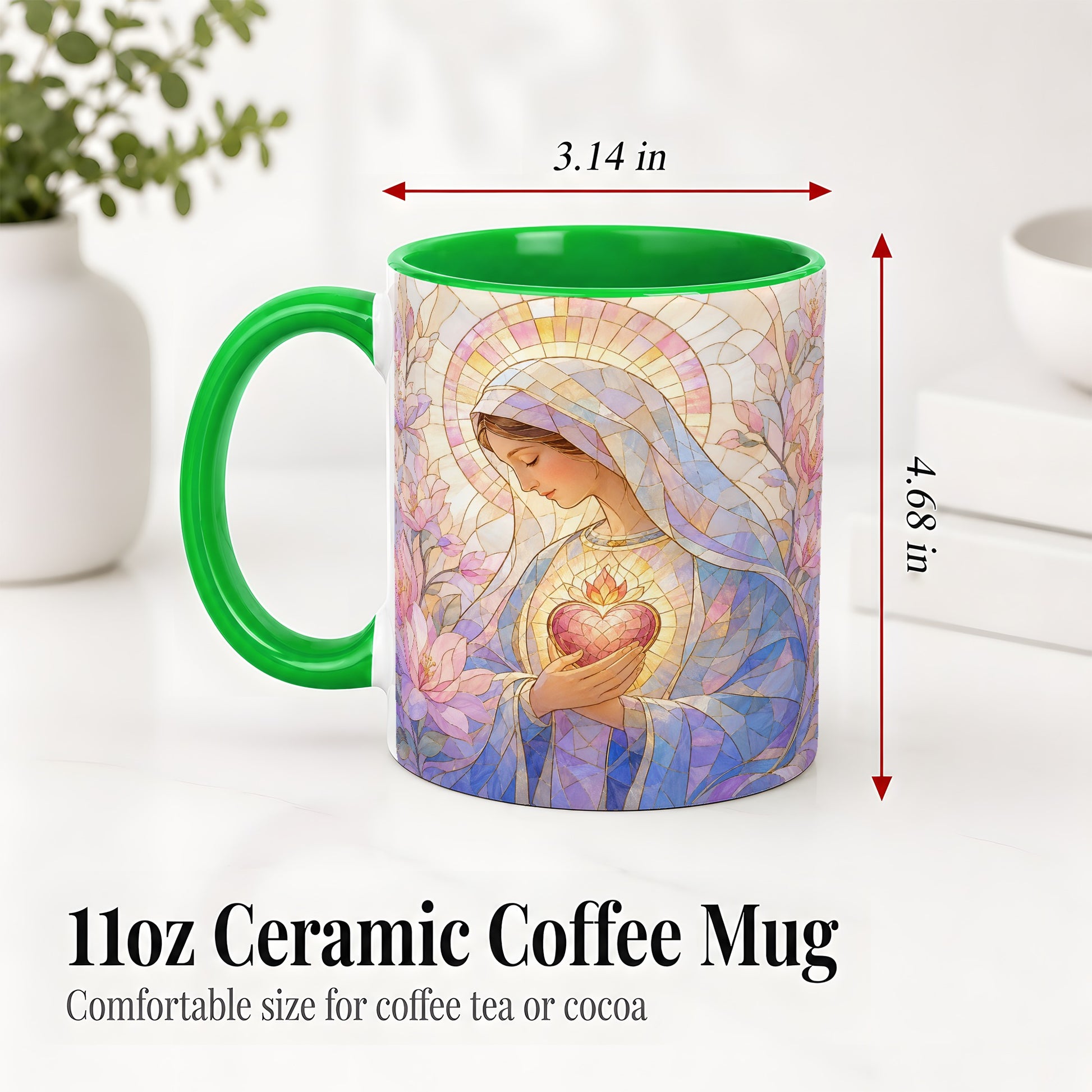 #pl[11oz|Green] Marian Stained Glass Ceramic Mug, Floral Religious Art for Christians