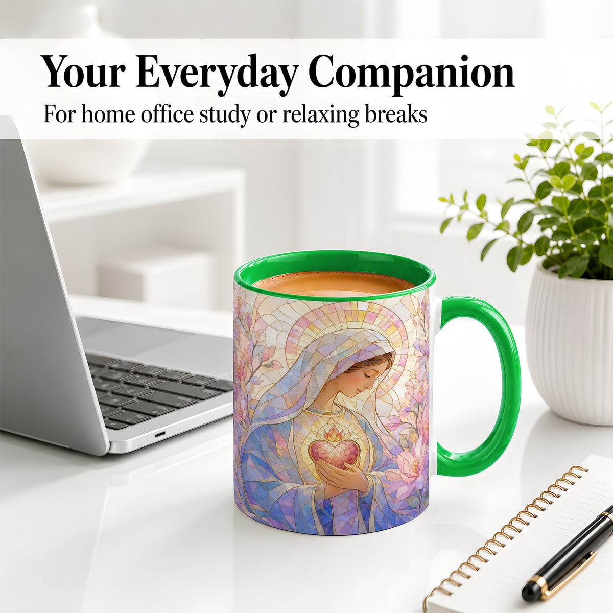 #pl[11oz|Green] Marian Stained Glass Ceramic Mug, Floral Religious Art for Christians