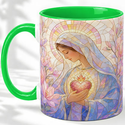 #pl[11oz|Green] Marian Stained Glass Ceramic Mug, Floral Religious Art for Christians