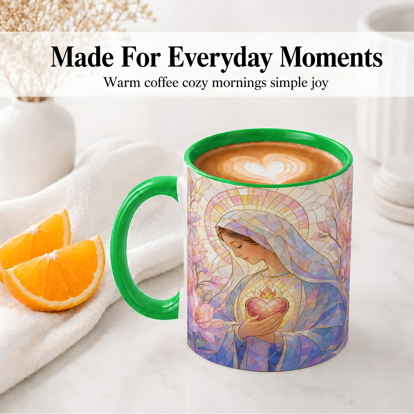 #pl[11oz|Green] Marian Stained Glass Ceramic Mug, Floral Religious Art for Christians