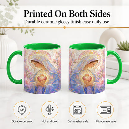 #pl[11oz|Green] Marian Stained Glass Ceramic Mug, Floral Religious Art for Christians