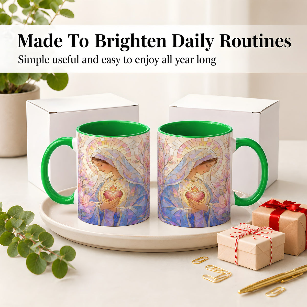 #pl[11oz|Green] Marian Stained Glass Ceramic Mug, Floral Religious Art for Christians