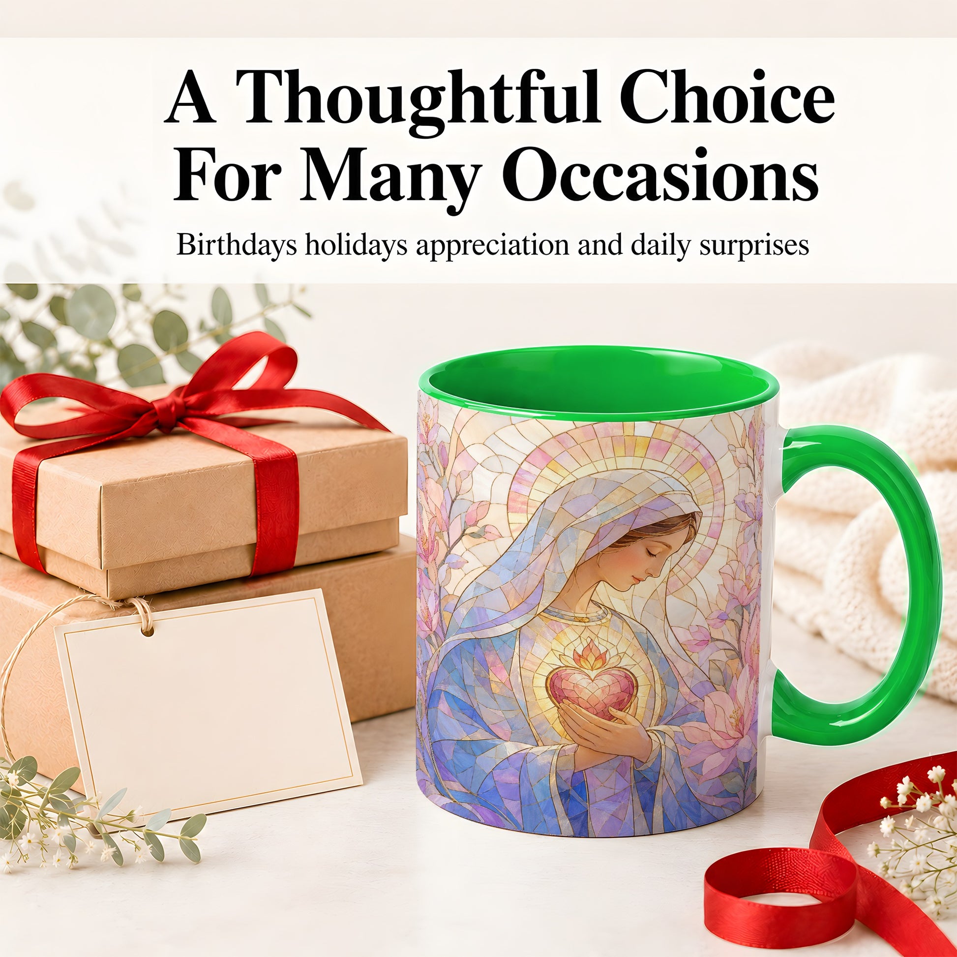 #pl[11oz|Green] Marian Stained Glass Ceramic Mug, Floral Religious Art for Christians
