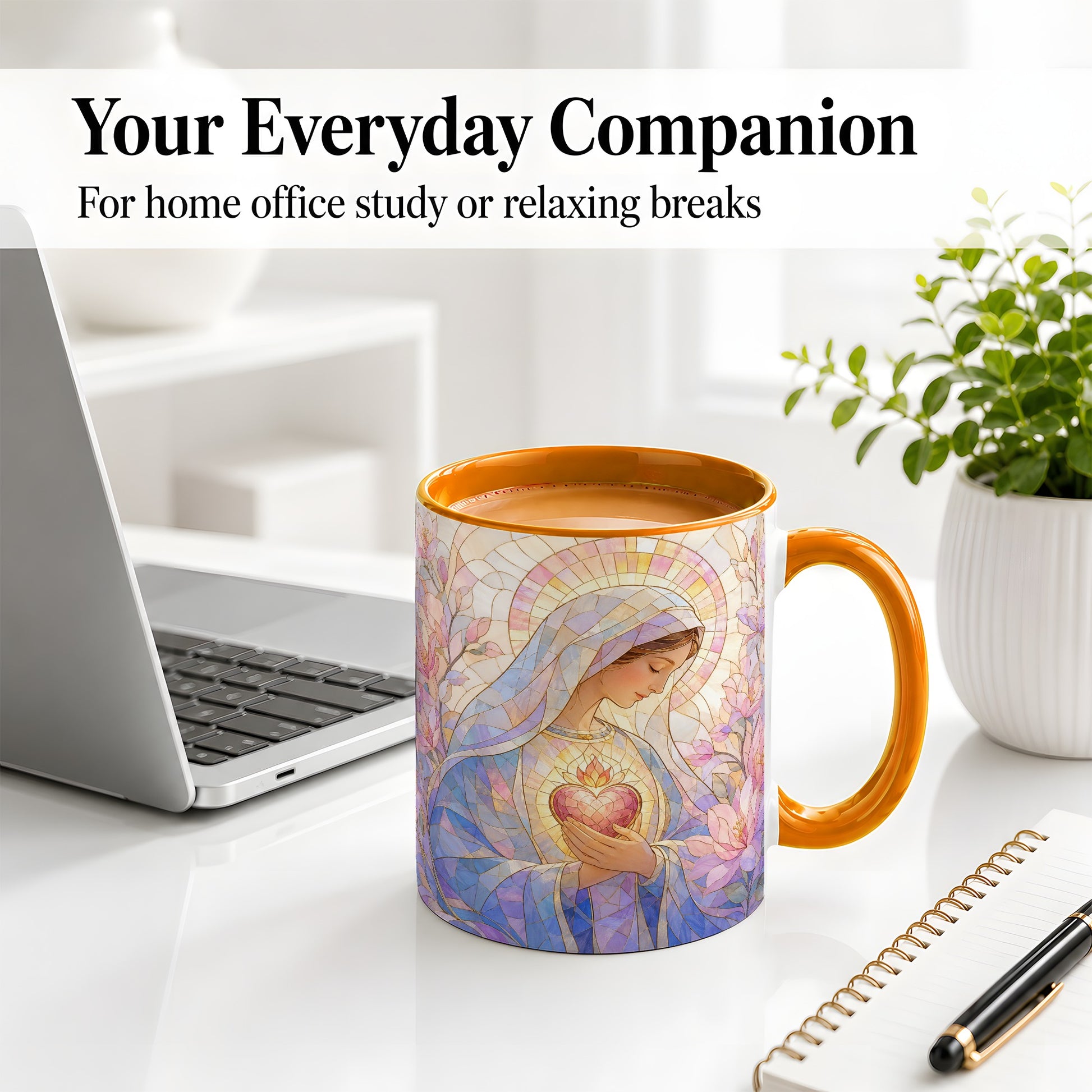 #pl[11oz|Orange] Marian Stained Glass Ceramic Mug, Floral Religious Art for Christians