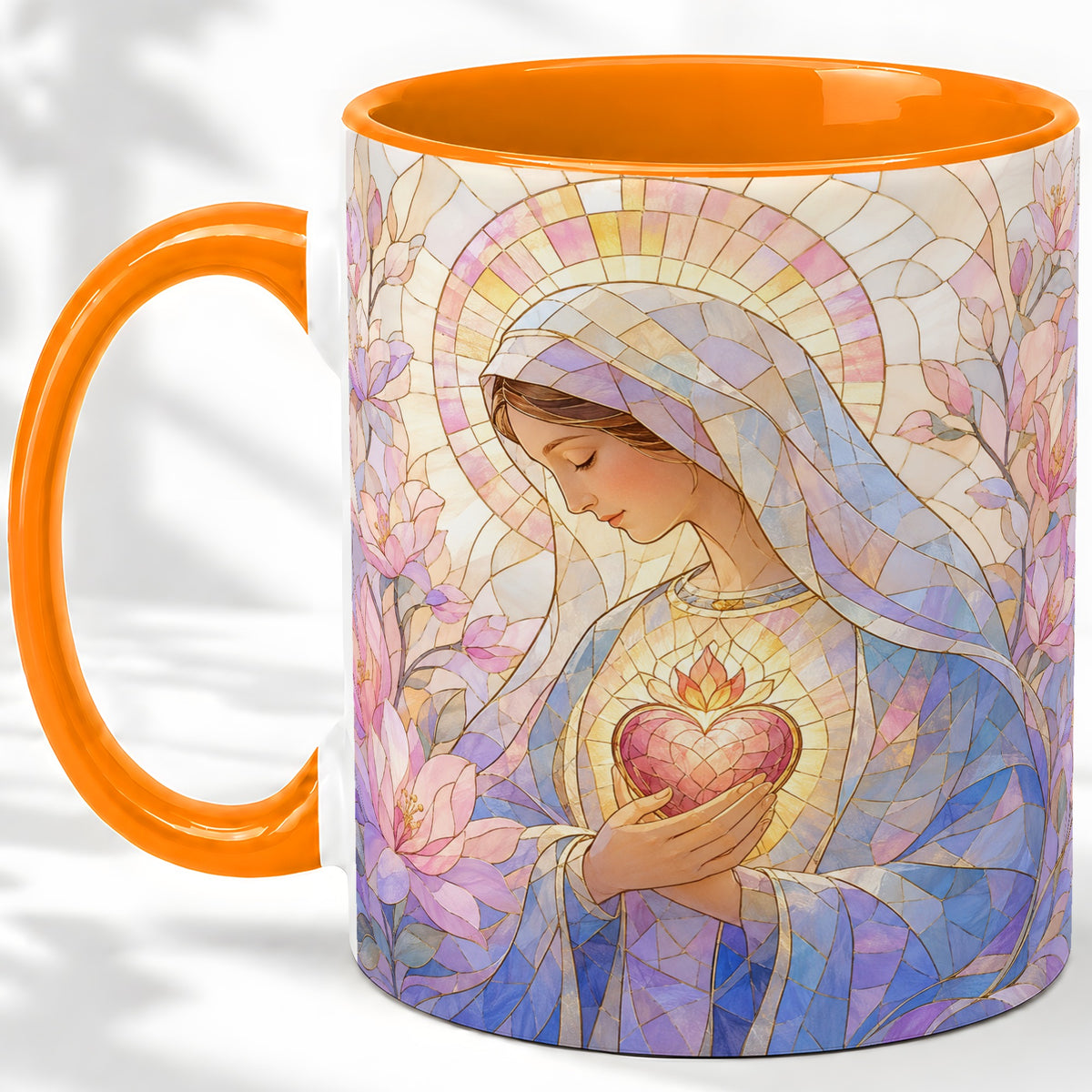 #pl[11oz|Orange] Marian Stained Glass Ceramic Mug, Floral Religious Art for Christians