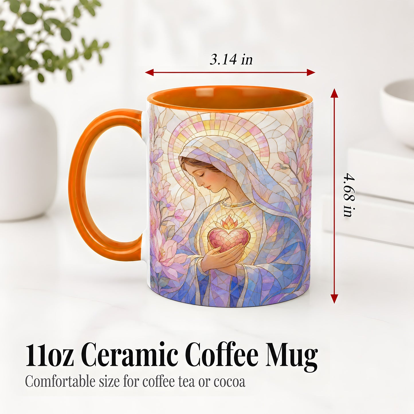 #pl[11oz|Orange] Marian Stained Glass Ceramic Mug, Floral Religious Art for Christians