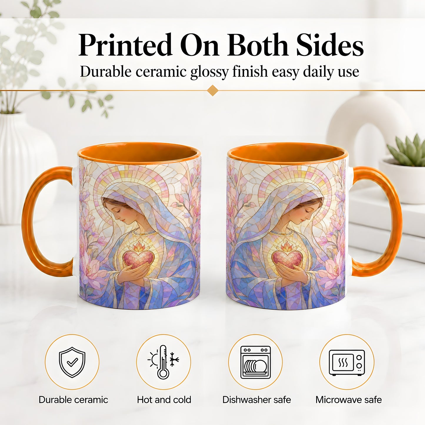 #pl[11oz|Orange] Marian Stained Glass Ceramic Mug, Floral Religious Art for Christians