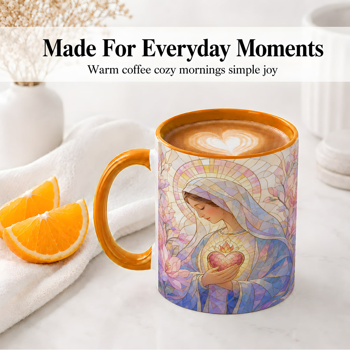 #pl[11oz|Orange] Marian Stained Glass Ceramic Mug, Floral Religious Art for Christians