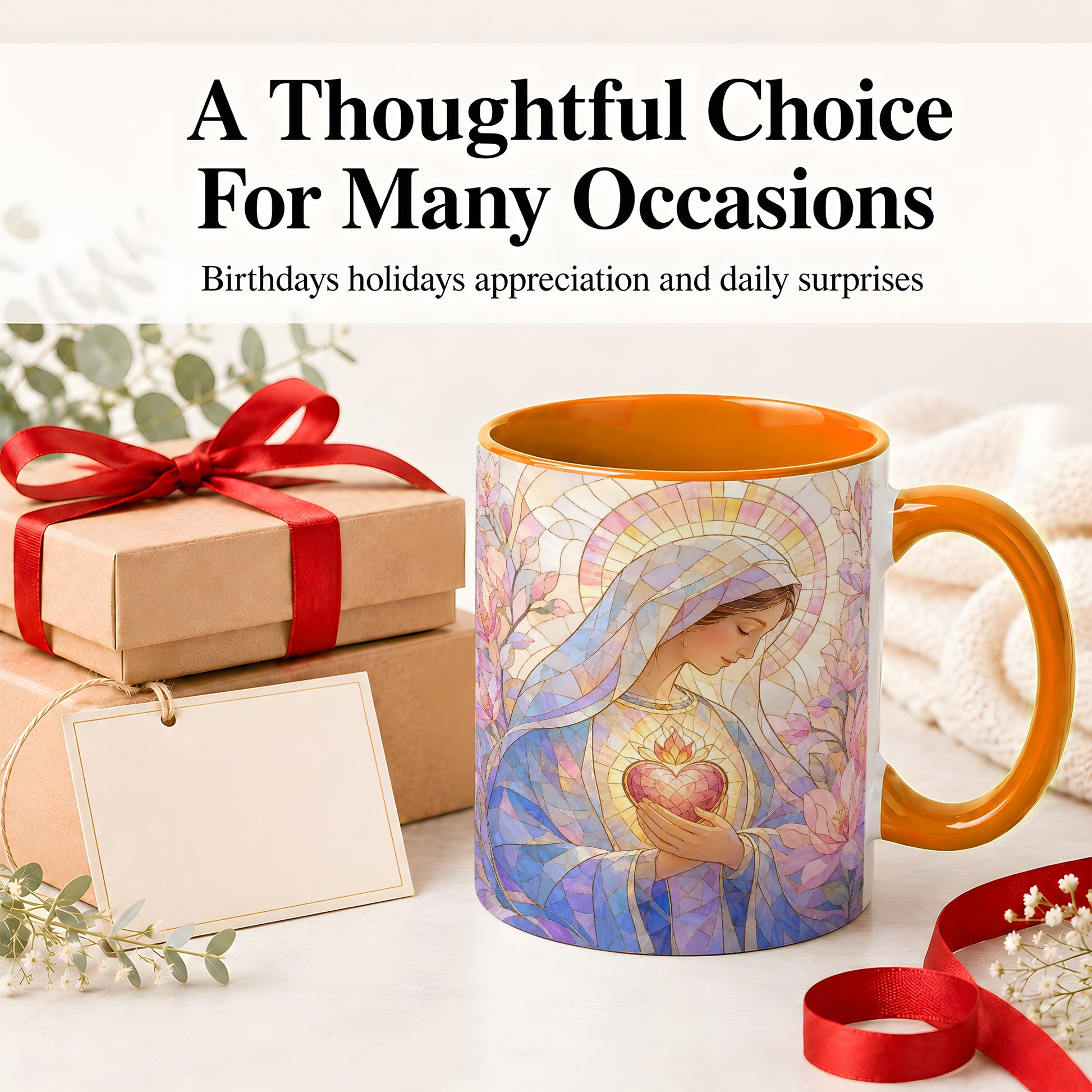 #pl[11oz|Orange] Marian Stained Glass Ceramic Mug, Floral Religious Art for Christians