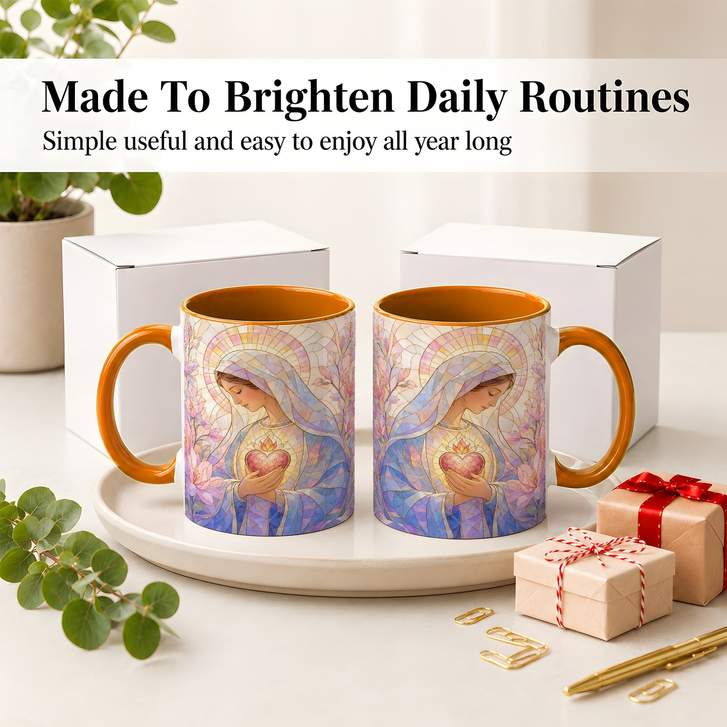 #pl[11oz|Orange] Marian Stained Glass Ceramic Mug, Floral Religious Art for Christians