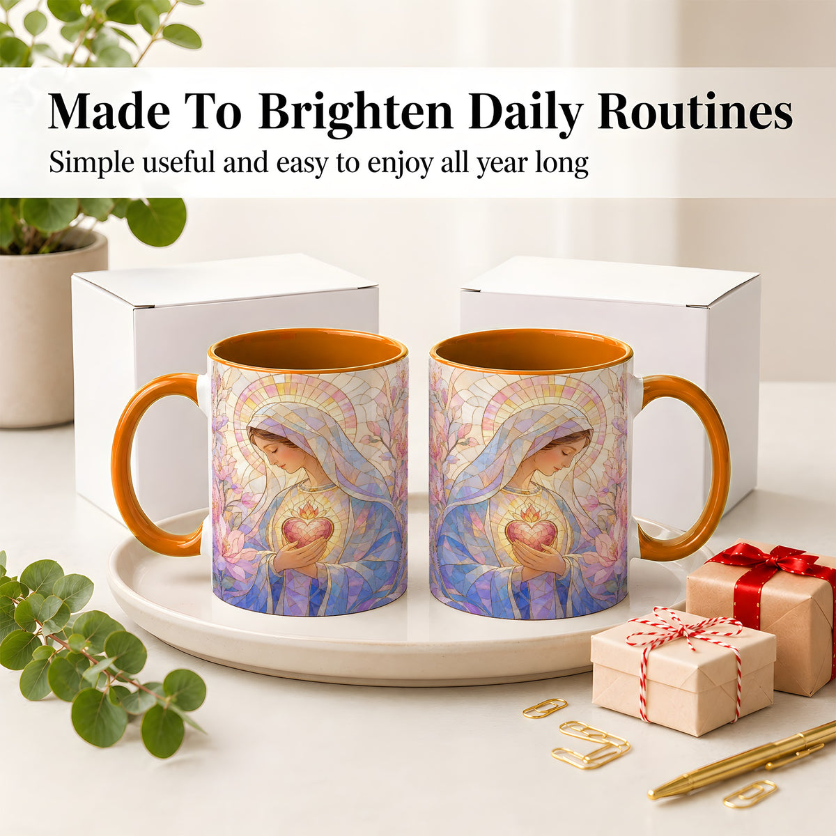 #pl[11oz|Orange] Marian Stained Glass Ceramic Mug, Floral Religious Art for Christians