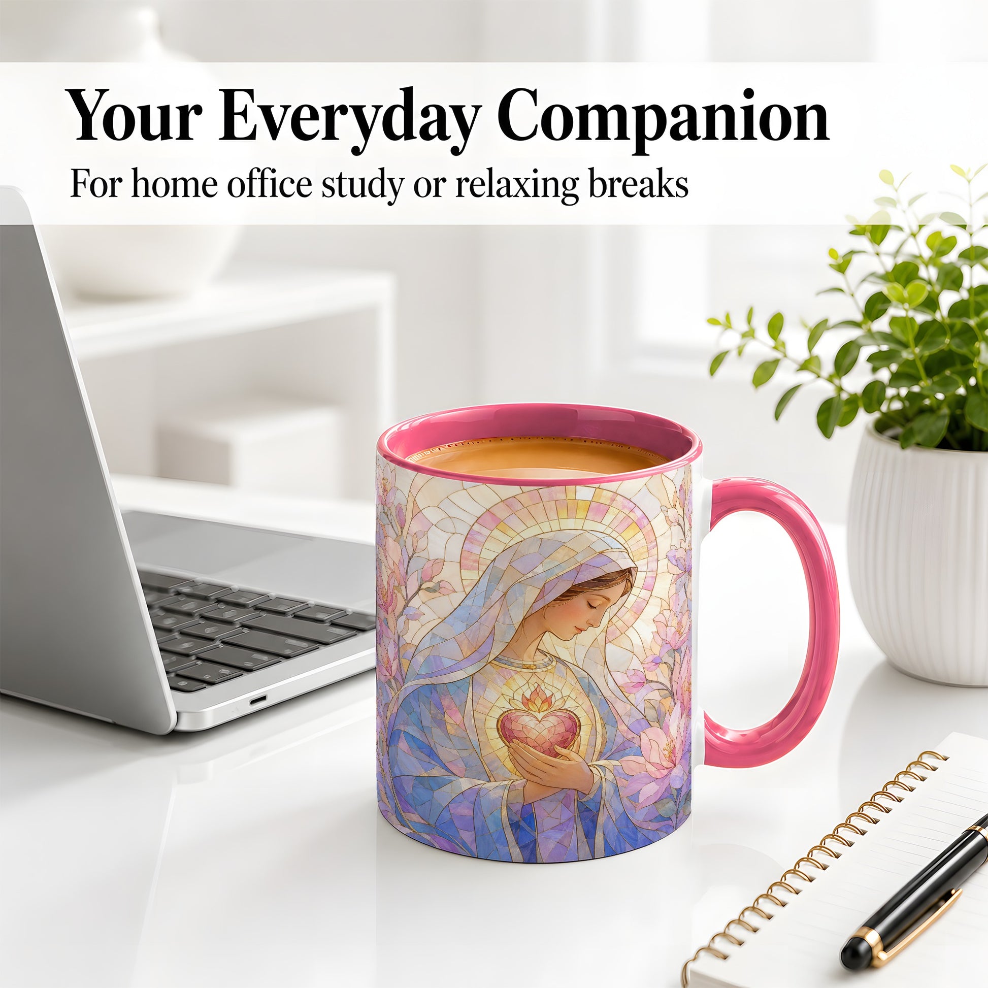 #pl[11oz|Pink] Marian Stained Glass Ceramic Mug, Floral Religious Art for Christians