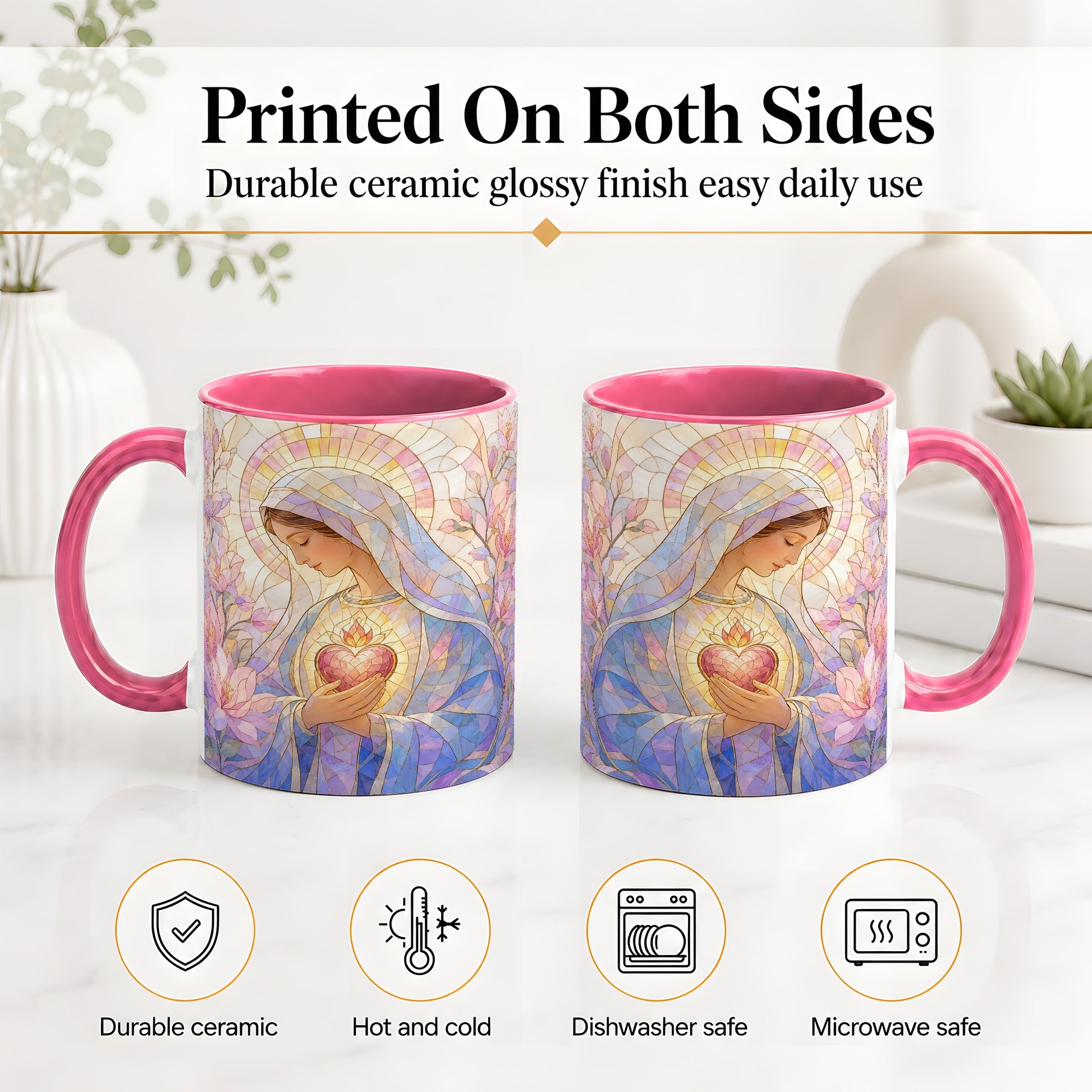 #pl[11oz|Pink] Marian Stained Glass Ceramic Mug, Floral Religious Art for Christians