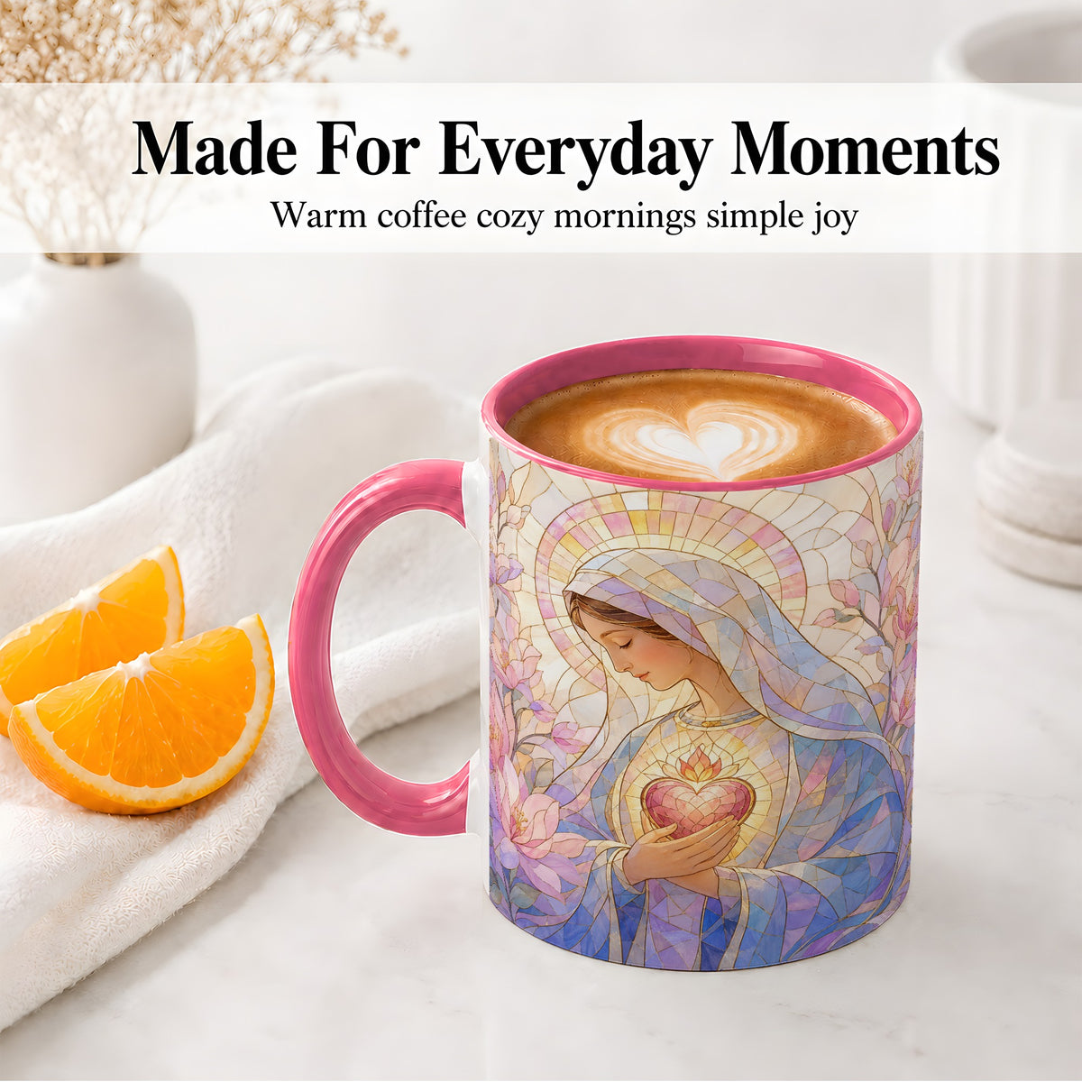 #pl[11oz|Pink] Marian Stained Glass Ceramic Mug, Floral Religious Art for Christians